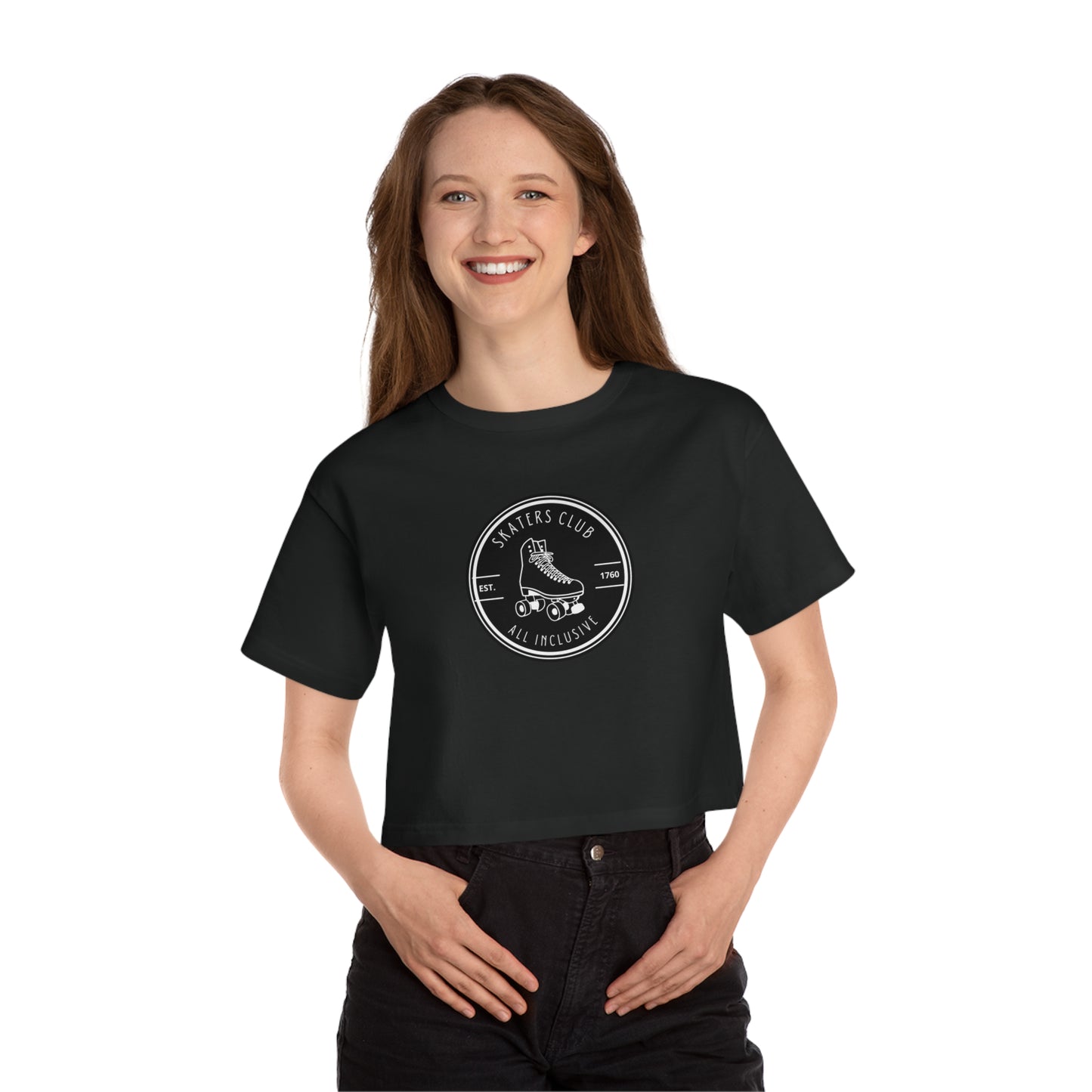 T-Shirt - Champion Womens Black Round Skaters Club Cropped T-Shirt - Skate of Matter LLC