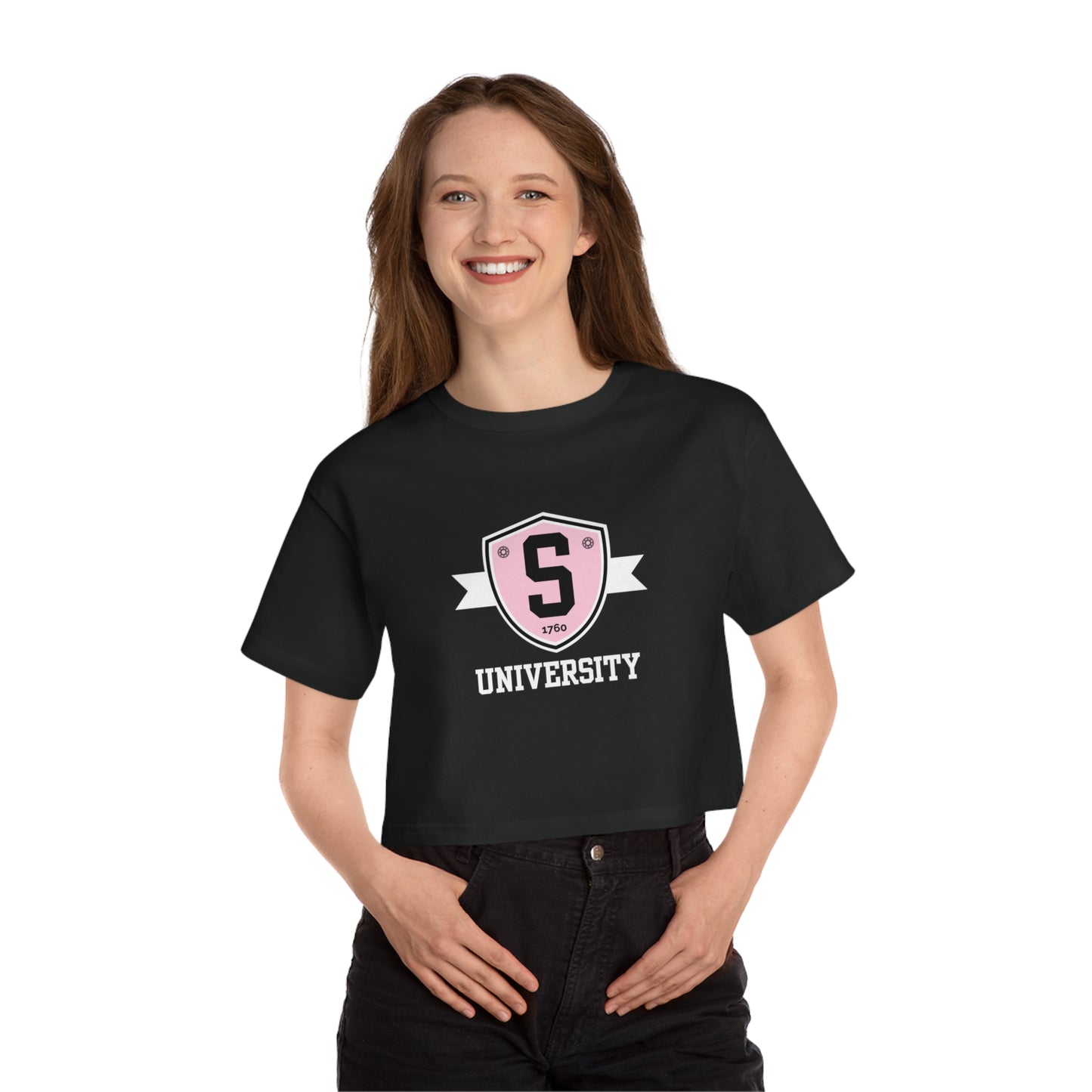 T-Shirt - Champion Womens Skater University Emblem Cropped T-Shirt - Skate of Matter LLC