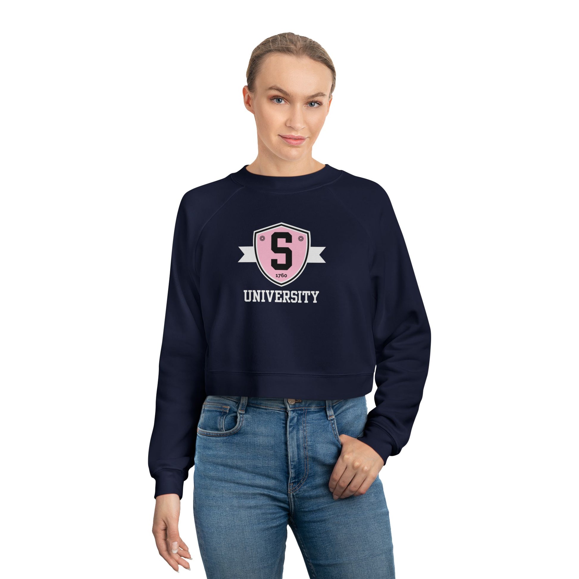 Sweatshirt - Womens Cropped Skater University Emblem Fleece Pullover - Skate of Matter LLC