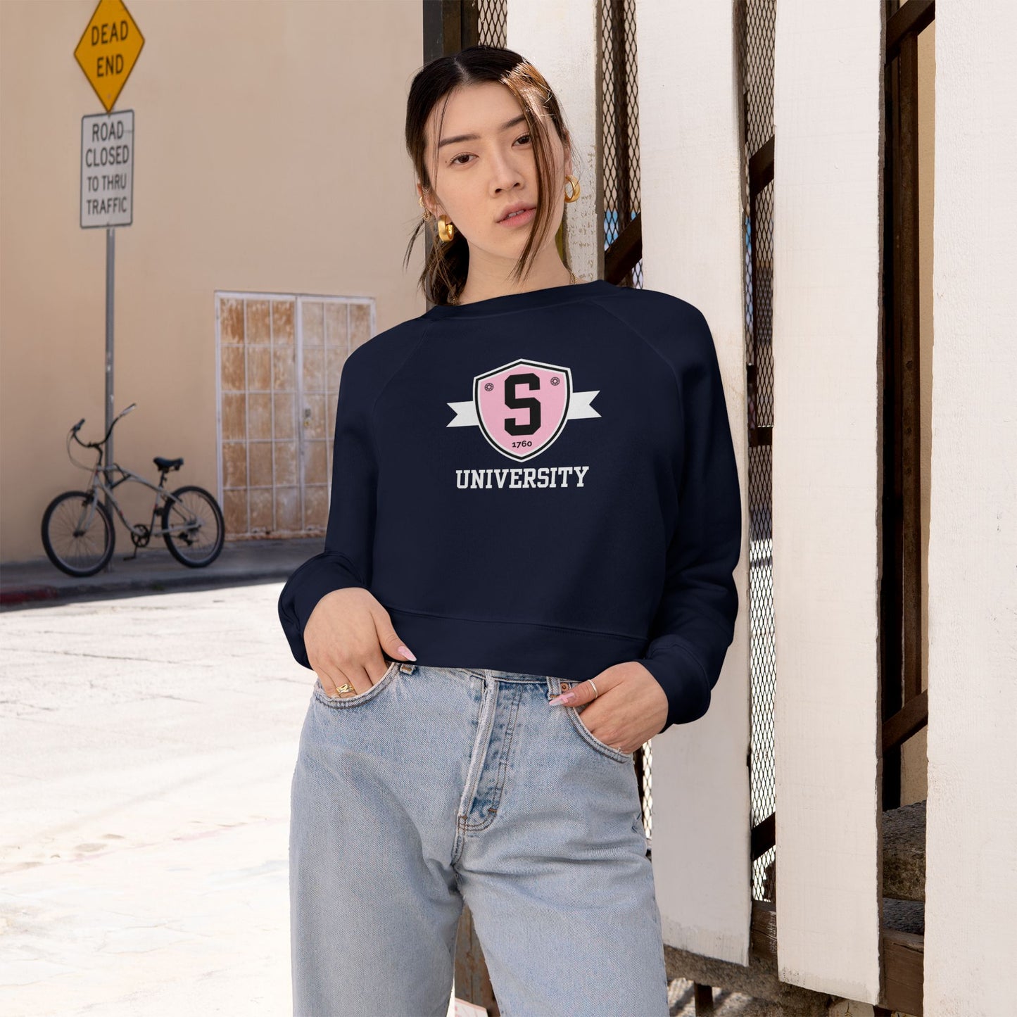 Sweatshirt - Womens Cropped Skater University Emblem Fleece Pullover - Skate of Matter LLC