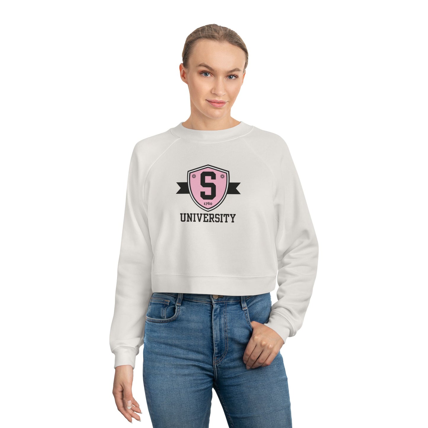 Sweatshirt - Womens Cropped Skater University Emblem Fleece Pullover - Skate of Matter LLC