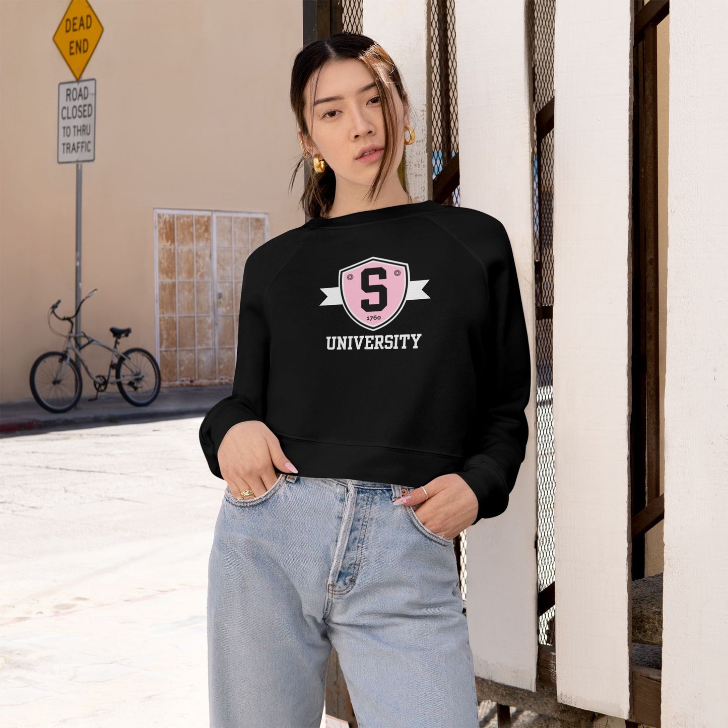 Sweatshirt - Womens Cropped Skater University Emblem Fleece Pullover - Skate of Matter LLC