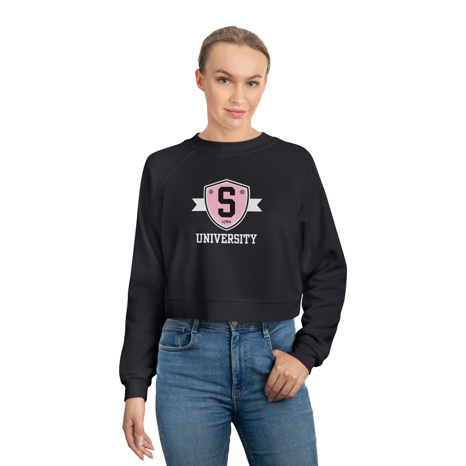 Sweatshirt - Womens Cropped Skater University Emblem Fleece Pullover - Skate of Matter LLC